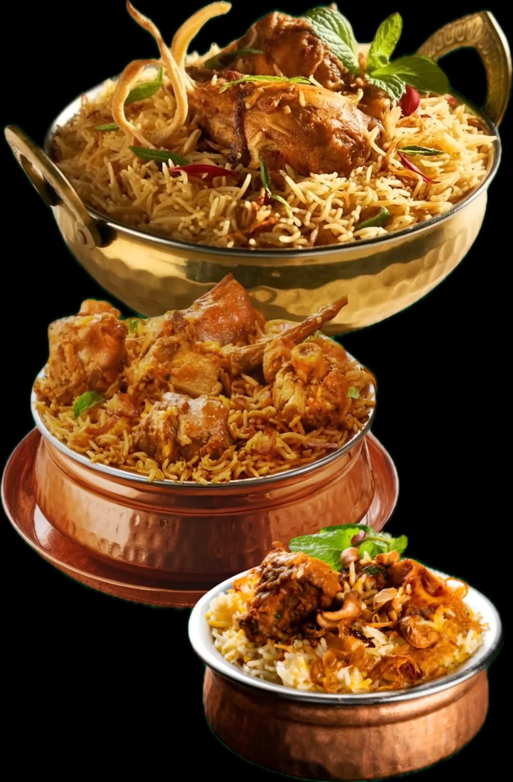 Three biriyanis in brass and copper pots, topped with fried onions, cashews and mint
